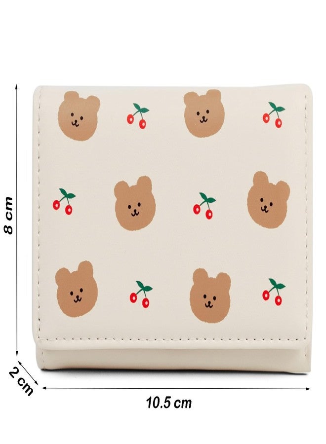 INOVERA (LABEL) Small Tri-Fold Wallet for Women, Girls - Faux Leather Cash, Coin, Card Holder Wallets - Cute Bear and Cherry Print Mini Hand Purse (White) - Image 2